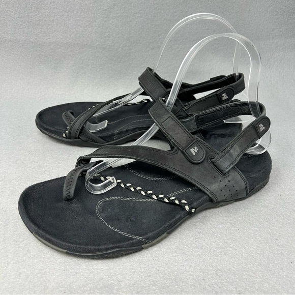 Merrell Sandals Womens 8 Siena Sporty Toe Loop Slingback Flats Black Leather. - Picture 1 of 11